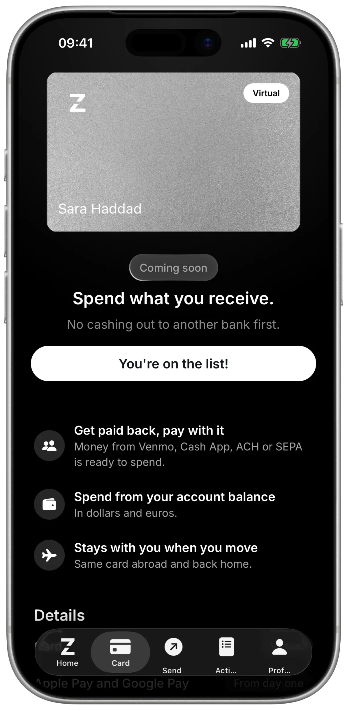The Zeeo card screen in the app