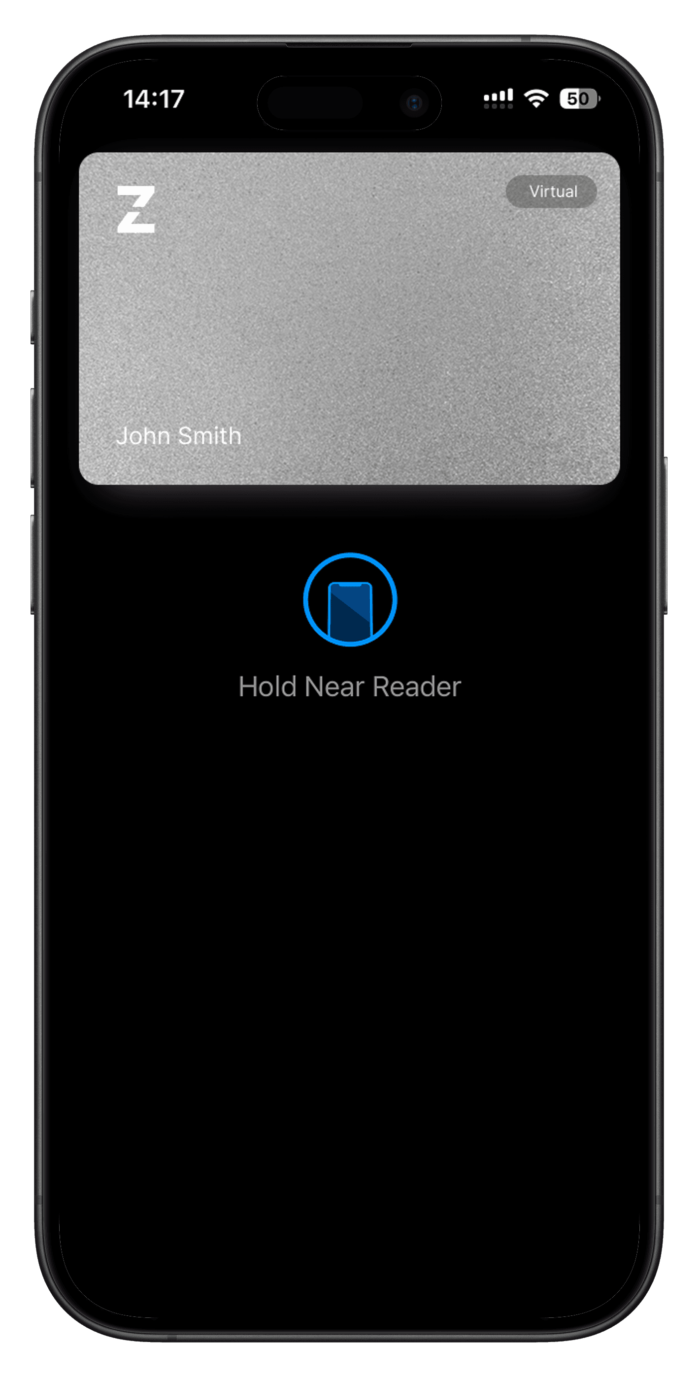 Virtual card screen on the Zeeo mobile app