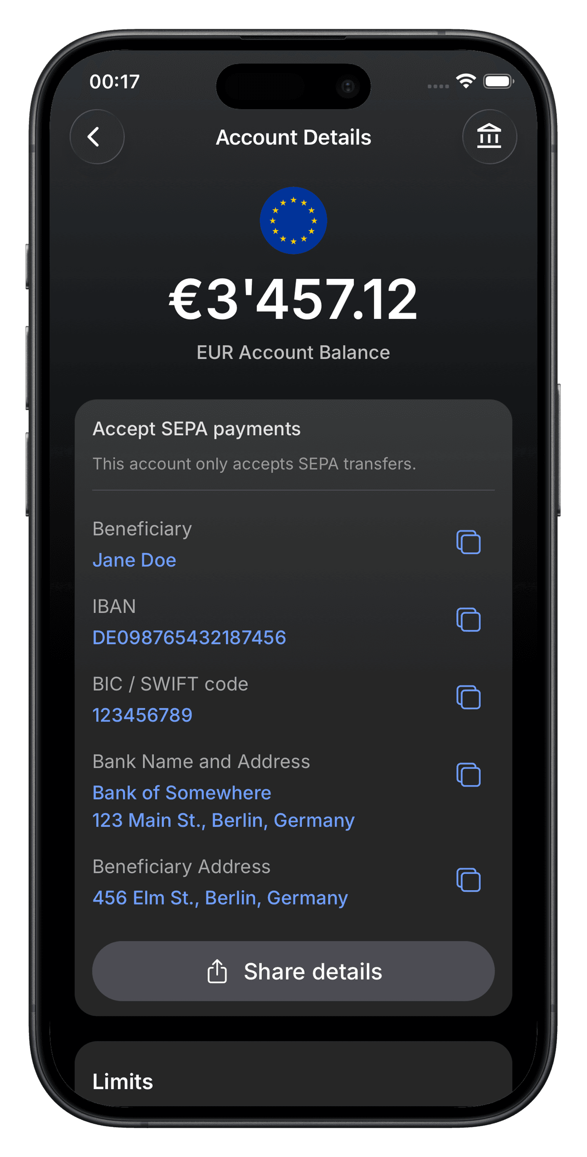 EUR account screen on the Zeeo mobile app