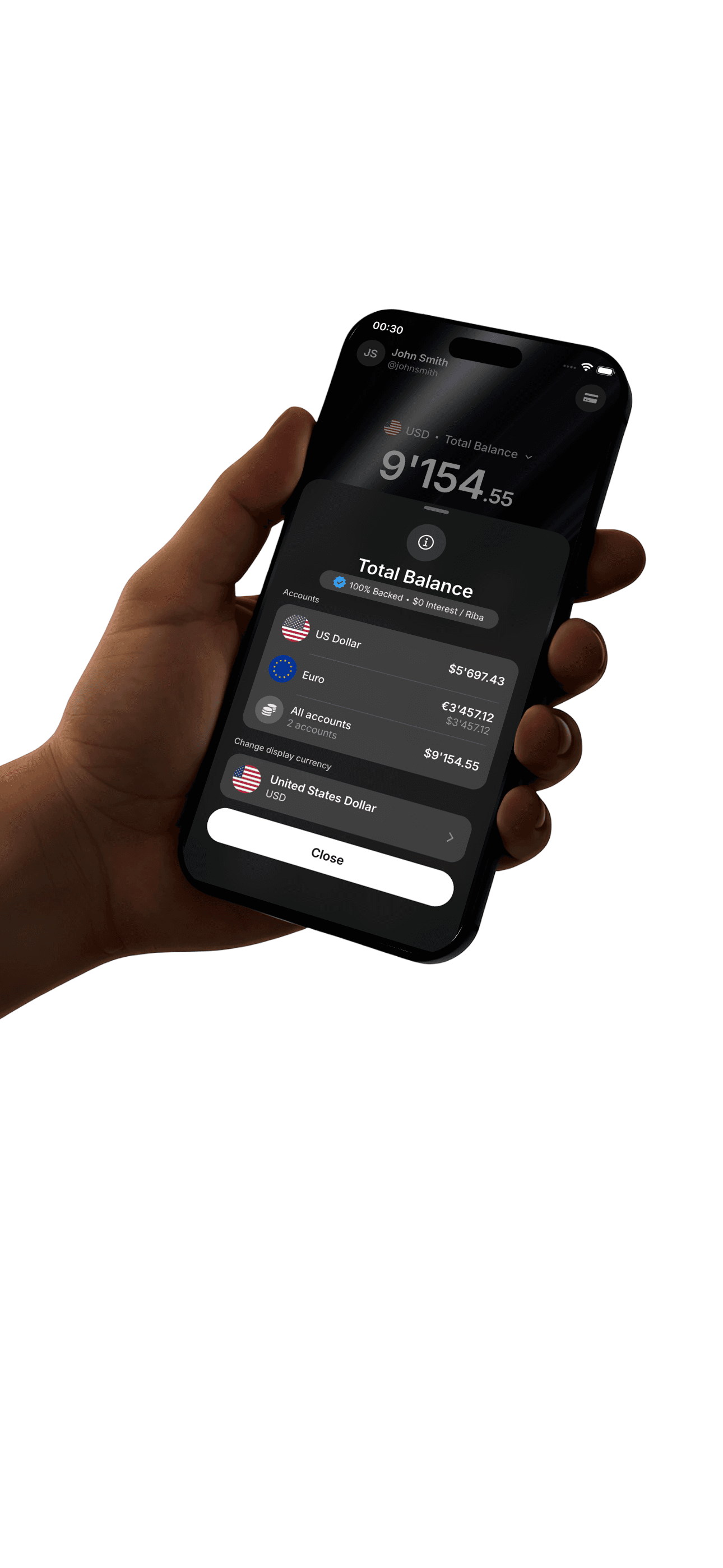 USD account screen on the Zeeo mobile app