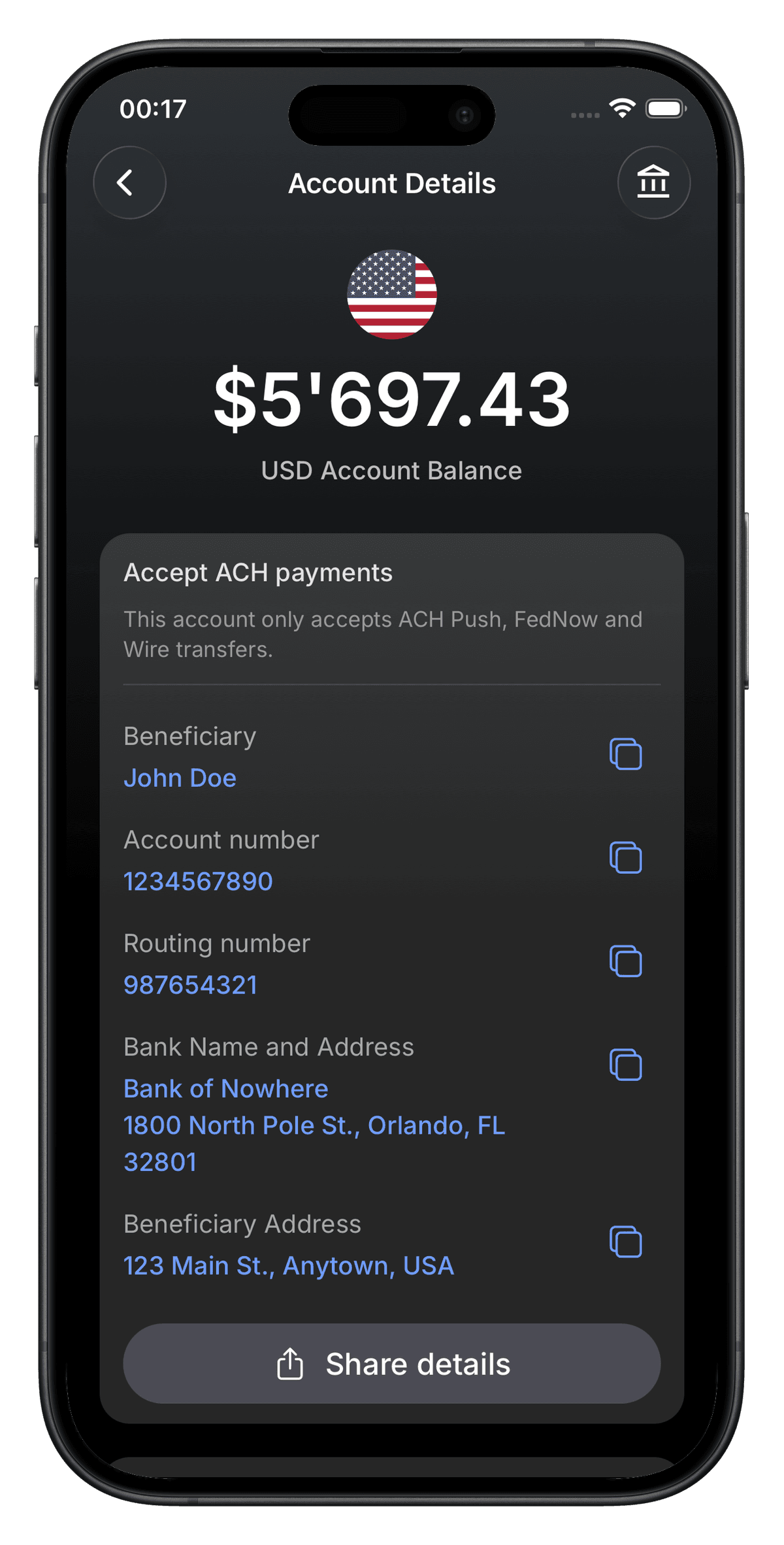 USD account screen on the Zeeo mobile app
