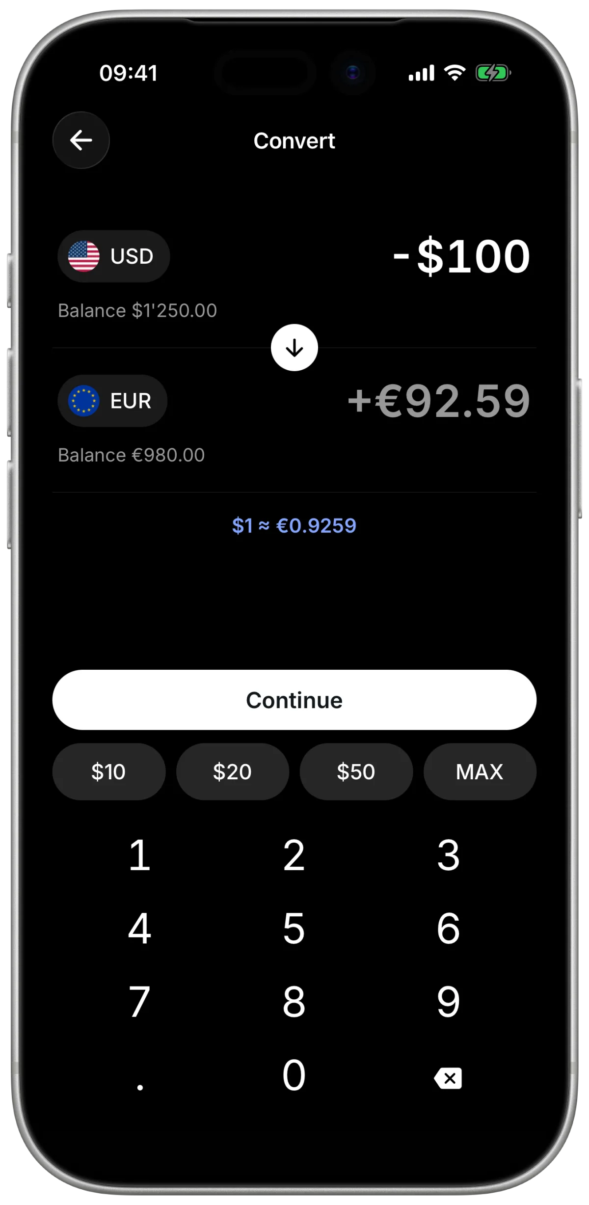 Converting US dollars to euros in the Zeeo app
