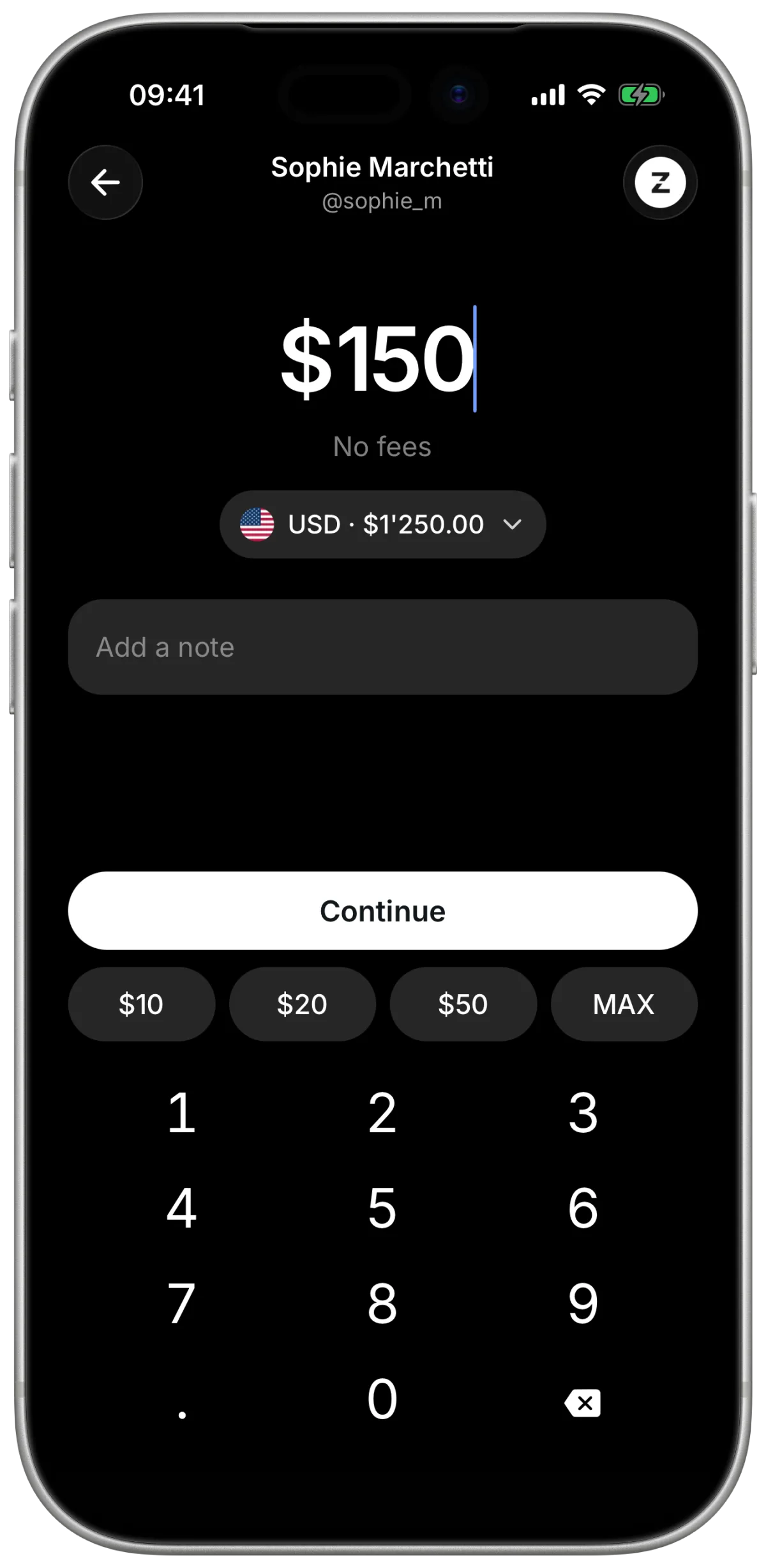Sending money to a friend in the Zeeo app